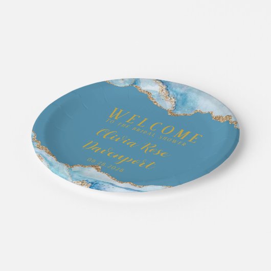 Dusty Blue und Gold Agate Custom Brautparty Pappteller (Schrägansicht)
