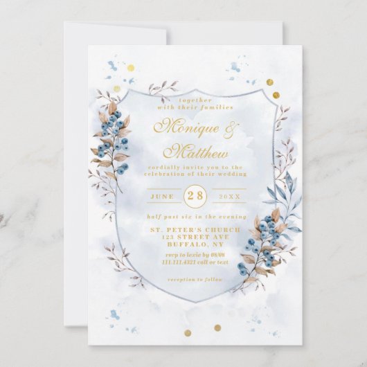 Dusty Blue und Gold Blueberries Shield Wedding Einladung (Vorderseite)
