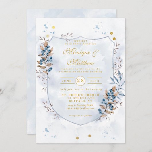 Dusty Blue und Gold Blueberries Shield Wedding Einladung (Vorne/Hinten)