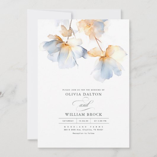 Dusty Blue und Gold Blume Minimalistisch Hochzeit Einladung (Vorderseite)