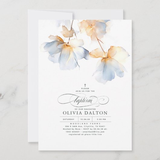 Dusty Blue und Gold Elegante ätherische Taufe Einladung (Vorderseite)