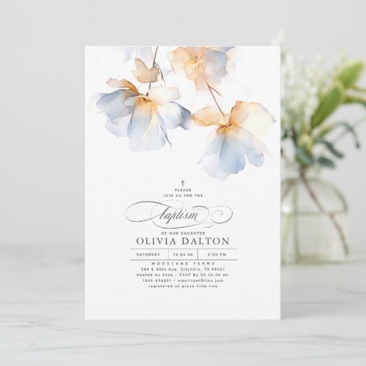 Dusty Blue und Gold Elegante ätherische Taufe Einladung (Stehend Vorderseite)