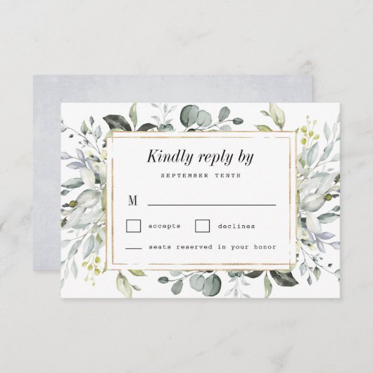 Dusty Blue und Gold Elegante Rustikale Hochzeit mi RSVP Karte (Vorne/Hinten)