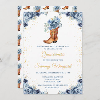 Dusty Blue und Gold Floral Cowboy Boot Quinceañera Einladung