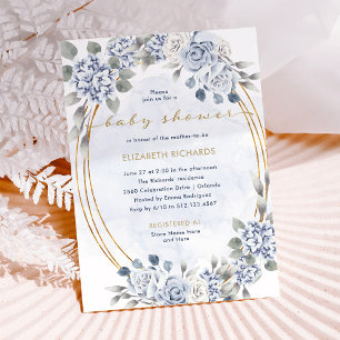 Dusty Blue und Gold Floral Elegante Babydusche Einladung