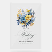 Dusty Blue und Gold Floral Elegante Hochzeit Willk Acrylschild (Vorderseite)