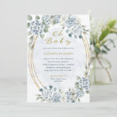 Dusty Blue und Gold Floral | Oh Baby Shower Einladung (Stehend Vorderseite)