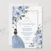 Dusty Blue und Gold Floral Quinceañera Einladung (Vorderseite)