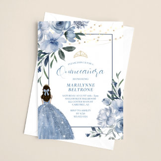 Dusty Blue und Gold Floral Quinceañera Einladung
