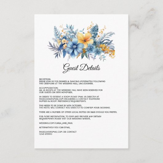 Dusty Blue und Gold Floral Wedding Guest Details Begleitkarte (Vorderseite)