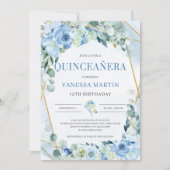 Dusty Blue und Gold Geometric Frame Quinceanera Einladung (Vorderseite)