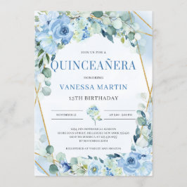 Dusty Blue und Gold Geometric Frame Quinceanera Einladung