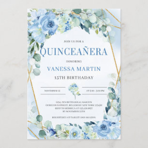 Dusty Blue und Gold Geometric Frame Quinceanera Einladung