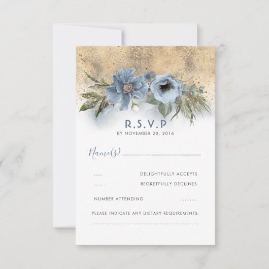 Dusty Blue und Gold Glitzer Boho Wedding RSVP Karte (Vorderseite)