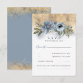 Dusty Blue und Gold Glitzer Boho Wedding RSVP Karte (Vorne/Hinten)