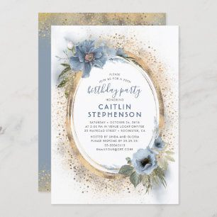 Dusty Blue und Gold Glitzer Floral Birthday Party Einladung