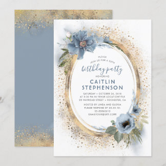 Dusty Blue und Gold Glitzer Floral Birthday Party Einladung