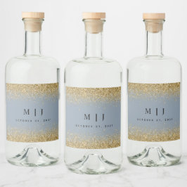 Dusty Blue und Gold Glitzer Wedding Alkoholflaschenetikett