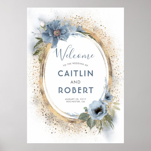 Dusty Blue und Gold Glitzer Wedding Sign Poster (Vorne)