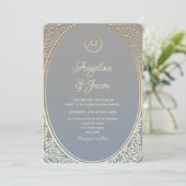 Dusty Blue und Gold Luxury Wedding Einladung (Stehend Vorderseite)