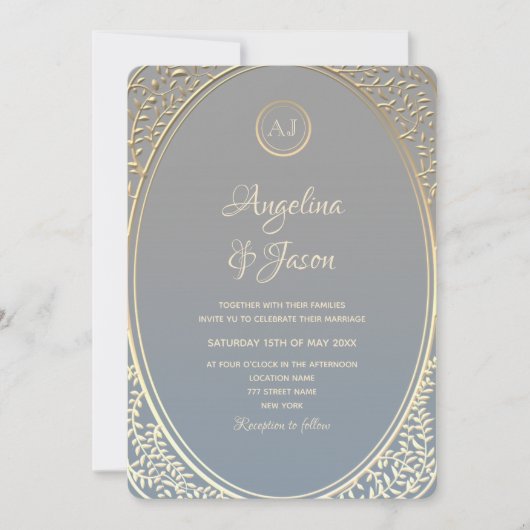 Dusty Blue und Gold Luxury Wedding Einladung (Vorderseite)