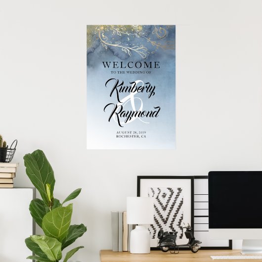 Dusty Blue und Gold Modern Wedding Welcome Sign Poster (Heimbüro)