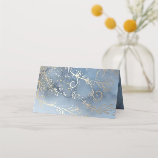 Dusty Blue und Gold Moderne Hochzeit Platzkarte (Rückseite)