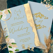 Dusty Blue und Gold Rustic Boho Floral Wedding Einladung