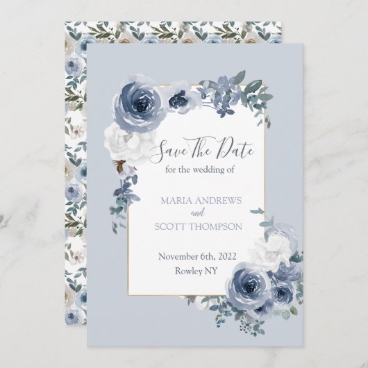 Dusty Blue und Gray Floral Botanical Wedding Save The Date (Vorne/Hinten)