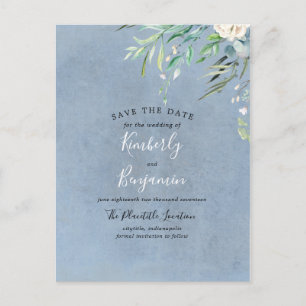 Dusty Blue und Greenery Save the Date Ankündigungspostkarte