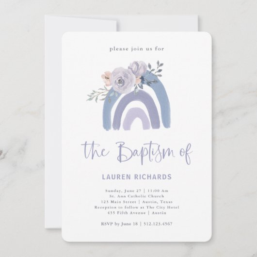 Dusty Blue und Lila Boho | Rainbow Baptisk Einladung (Vorderseite)