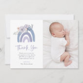 Dusty Blue und Lila | Rainbow Baby Dusche Foto Dankeskarte (Vorderseite)