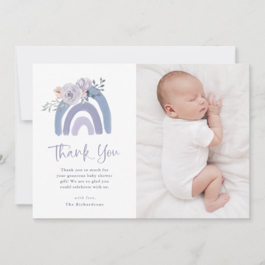 Dusty Blue und Lila | Rainbow Baby Dusche Foto Dankeskarte (Vorderseite)