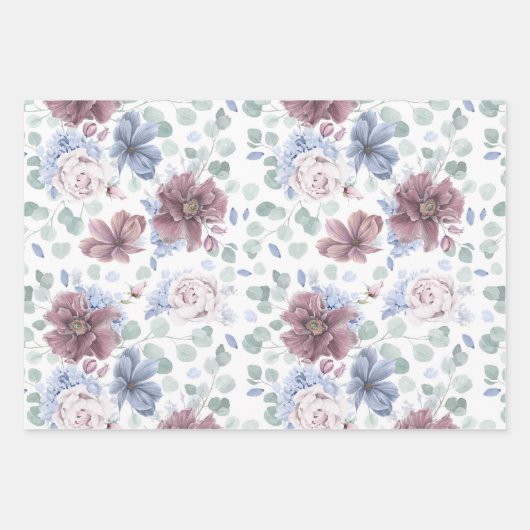 Dusty Blue und Mauve Blume Botanisches Muster Geschenkpapier Set (Vorderseite 2)