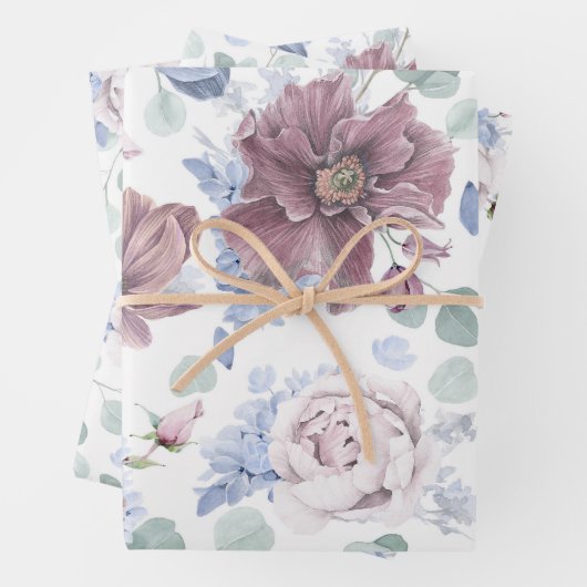 Dusty Blue und Mauve Blume Botanisches Muster Geschenkpapier Set (Beispiel)
