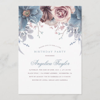 Dusty Blue und Mauve Floral Geburtstagsparty Einladung