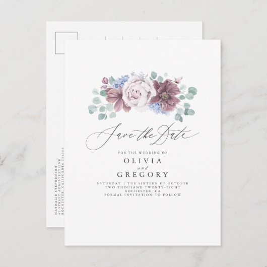 Dusty Blue und Mauve Floral Save the Date Card Ankündigungspostkarte (Vorne/Hinten)