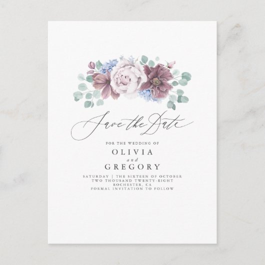 Dusty Blue und Mauve Floral Save the Date Card Ankündigungspostkarte (Vorderseite)