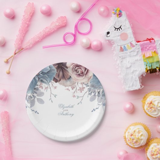 Dusty Blue und Mauve Floral Wedding Pappteller (Party)