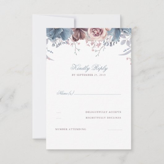 Dusty Blue und Mauve Floral Wedding RSVP (Vorderseite)