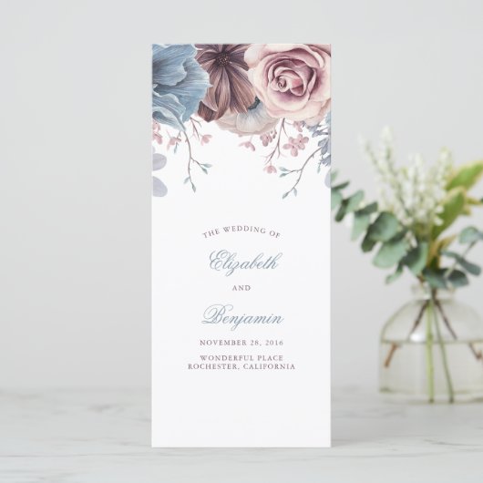 Dusty Blue und Mauve Floral Weddings Programme (Stehend Vorderseite)