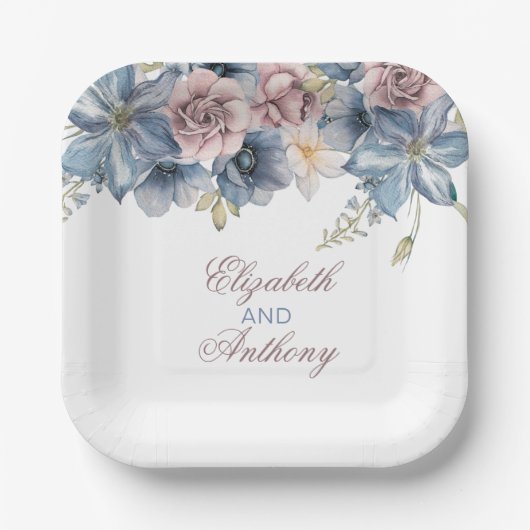 Dusty Blue und Mauve Watercolor Floral Wedding Pappteller (Vorderseite)