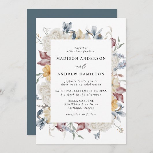 Dusty Blue und Mauve Wildblume Meadow Wedding Einladung (Vorne/Hinten)