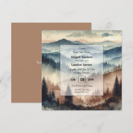 Dusty Blue und Mocha Brown Mountains Wedding Einladung (Vorne/Hinten)
