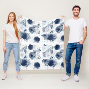 Dusty Blue und Navy Blue Blumen Elegant Stilvoll Fleecedecke