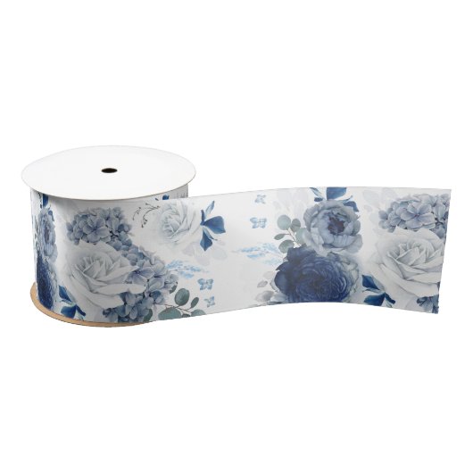 Dusty Blue und Navy Blue Floral Elegant Romantisch Satinband (Spule)