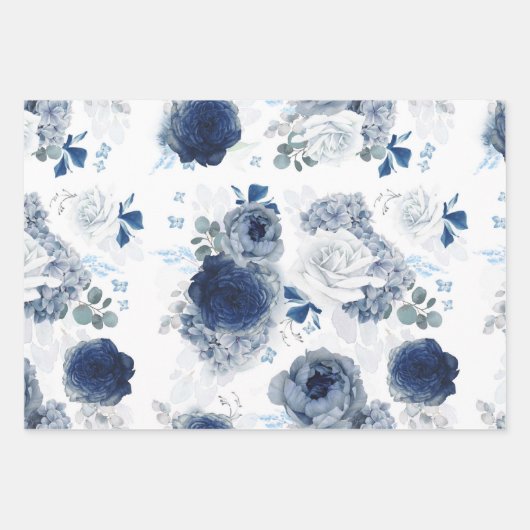 Dusty Blue und Navy Blue Flowers Elegant Botanical Geschenkpapier Set (Vorderseite 3)