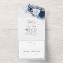 Dusty Blue und Navy Blume Elegante Moderne Hochzei All In One Einladung