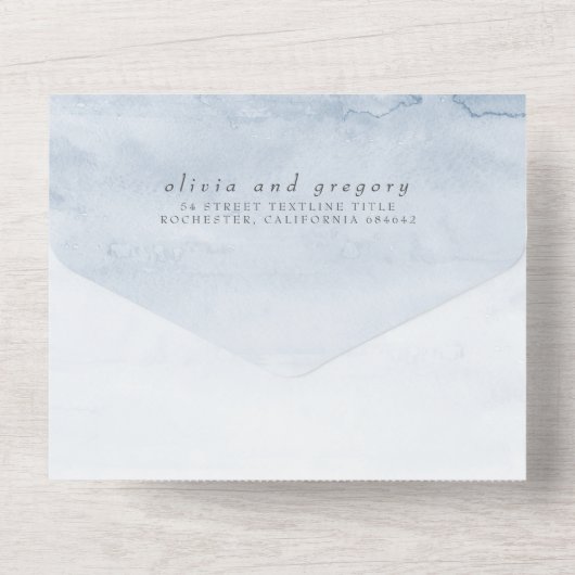 Dusty Blue und Navy Blume Elegante Moderne Hochzei All In One Einladung (Rückseite)