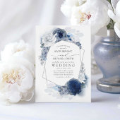 Dusty Blue und Navy Floral Elegant Silver Wedding Einladung